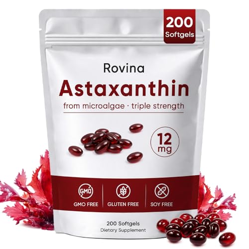 Wvnscl Rovina Astaxanthin 12mg Softgels - Premium Astaxanthin from Microalgae Triple Strength Immune Support - Non-GMO & Gluten Free 200 Softgels (1)
