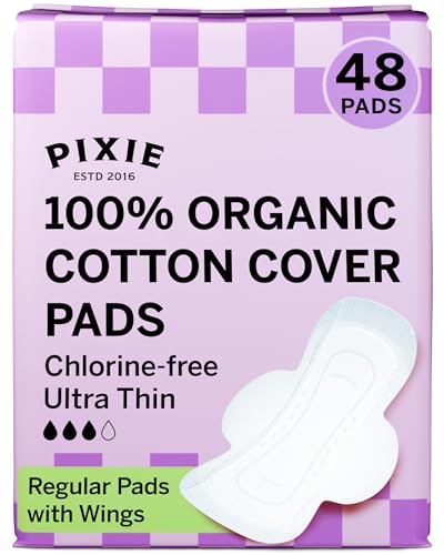 Pixie Compresas Regulares de Algodón Orgánico con Alas – Ultrafinas, Antifugas y Transpirables – Compostables, Sin Perfume – 48 Unidades