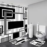 Yddsky 4 Pcs Black Geometric Shower Curtain Sets Non-Slip Bath Rugs, Toilet Cover, U-Shaped Mat, Abstract Geometric Modern Shower Curtain with 12 Hooks