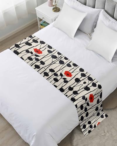 Red Flowers Bed Runner for King Size, Spring Botanical Flowers Branch Farmhouse Bedspread Protector Slipcover Bed Scarf for Foot Runners & Scarves for Bedroom Hotel Wedding Room 102x20 Inches