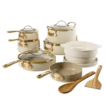 Bloomhouse 15-Piece Ceramic Nonstick Cookware Set, Heavy-Gauge Aluminum, Oven Safe to 500°F, Almond Cream