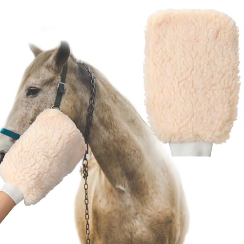Fleece Applicator Wipe Mitt for Horses Lambskin Wool Grooming Mitts for Tack Cleaning Glove Soft White Mitts for Horse Bathing, Spreading Hair Treatments, Leather Care or Sensitive Horses and Dogs