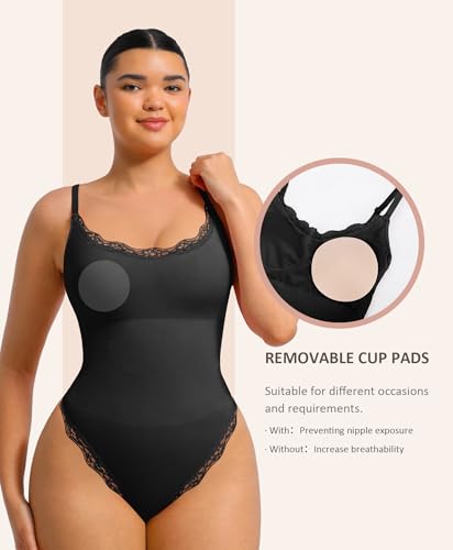 FeelinGirl Lace Bodysuits for Women Shapewear Tummy Control Thong Cami Bodysuit Tops with Adjustable Spaghetti Straps2