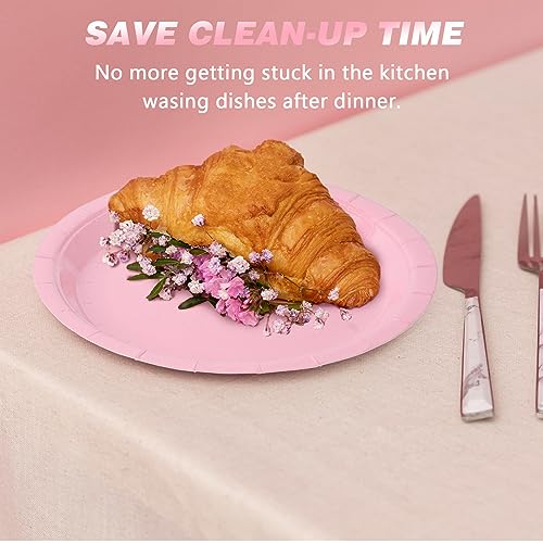 Image of Pink Disposable Paper Plates, 9 Inch Dinner Party Plates, 50 Count Bulk