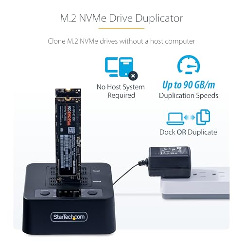 StarTech.com 1:1 M.2 NVMe Drive Duplicator, 90GBpm Standalone M.2 SSD Cloner/Copier, USB-C 3.2 20Gbps M.2 Dual-Bay Drive Dock