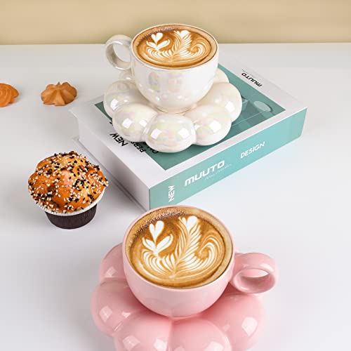 Koythin Ceramic Coffee Mug with Saucer Set, Creative Cute Cup with Sunflower Coaster for Office and Home, 6.5 oz/200 ml for Tea Latte Milk (Pearl White) - Image 5