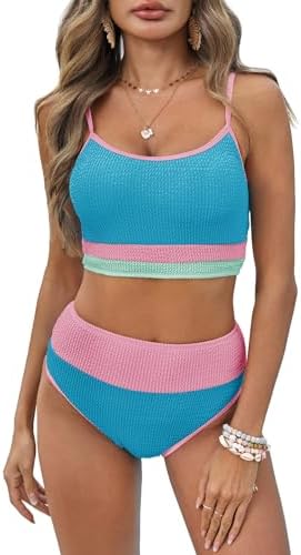 Fisoew Womens Neon Bikini Sets High Waisted Ribbed Color Block Spaghetti Straps Scoop Neck Textured Two Piece Swimsuits