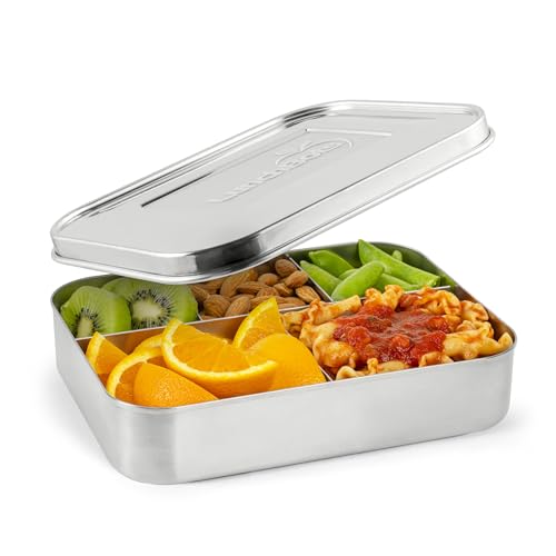 LunchBots Large Cinco Stainless Steel Lunch Container - Five Section Design Holds a Variety of Foods - Metal Bento Box - Dishwasher Safe - Stainless Lid