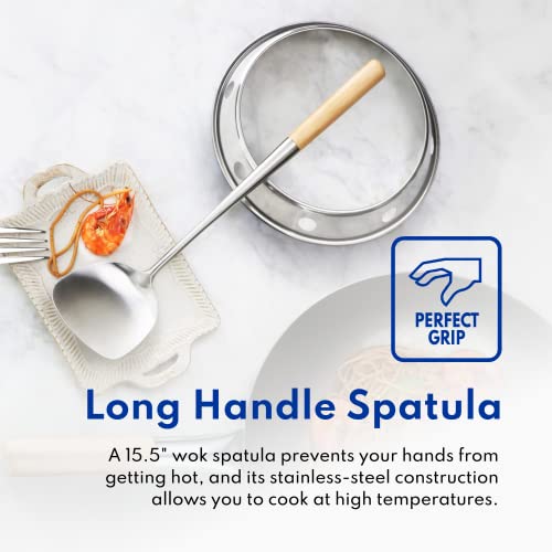 New-Star-Foodservice-1028720-Carbon-Steel-Pow-Wok-Set-with-Wood-and-Steel-Helper-Handle-Hand-Hammered-Includes-14-Round-Bottom-Wok-Wok-RackRing-and-Spatula-Hand-Wash-Recomended