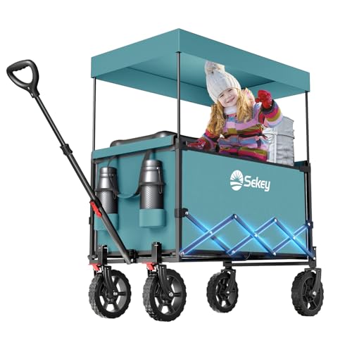 Sekey XXL Bollerwagen Faltbar Kinder 150L 150KG, Faltbarer Bollerwagen mit Dach Klappbarer Handwagen mit Sonnenschutz für Ausflug Strand Camping, Dach-S 4018, Grün