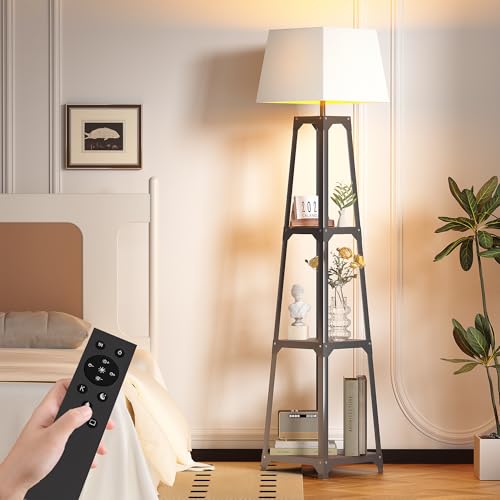 Chartyou 4-Leg 3-Tier Floor Lamp with Storage Shelves Black Industrial Standing Lamp with Linen Shade Dimmable LED & Remote Control Modern Floor Light for Living Room Bedroom Hallway