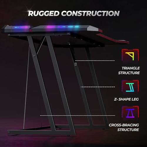 Gaming Tisch mit LED 120 x 60 cm, Gaming Schreibtisch mit Kohlefaseroberfläche, Stabiler Computertisch für Gaming, Kohlefaser Schwarz – Bild 6