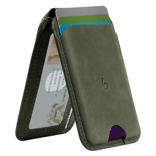Belemay Strong Magnetic Wallet for MagSafe with Adjustable Stand Crazy Horse Leather Card Holder Up to 5 Cards RFID Blocking Slim for iPhone 17/16/15/14/13/12 Series Men & Women - Pine Green
