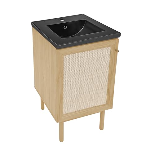 Image of Swiss Madison Classe 18 inch Freestanding Bathroom Vanity in Natural Oak with Black Sink Top