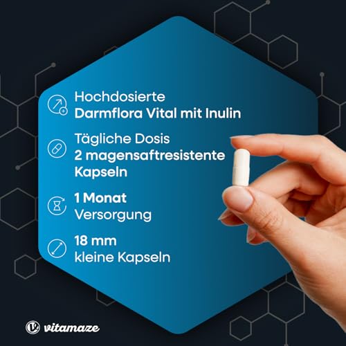 Darmflora Vital Kapseln hochdosiert magensaftresistent, 60 vegane Kapseln Probiotika für 1 Monat Darmkur mit 12 aktiven Darm-Bakterien-Kulturen + Inulin, 16,2 Mrd. KBE pro Tag, Made in Germany