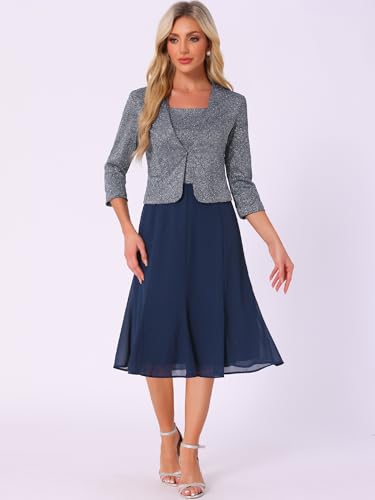 Allegra K Dress Suit Sets for Women's 2pcs Print Contrast A-Line Flowy Dresses Sequin Jacket4