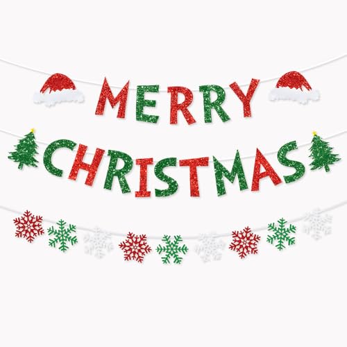 Yahpetes Decoración de fiesta de Navidad, 1 pancarta de Feliz Navidad, guirnalda de banderines de Navidad con purpurina roja y verde, suministros de fiesta de copo de nieve para interiores,