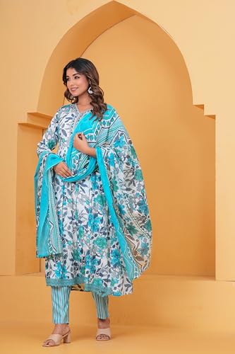 Image of Women's Indigo Blue Printed Anarkali Kurta with Palazzo Set, Long Sleeve V-Neck Ethnic Wear (IN, Alpha, 2XL, Regular, Sky Blue)