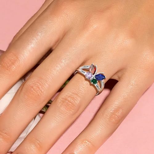 10K 14K 18K Gold Personalized Birthstone Butterfly Rings for Women Customized Birthstone Engraved Name Ring Mother's Day Birthday Christmas Gift Anniversary Ring for Her Size 4-154