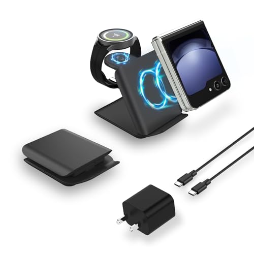 Foldable Wireless Charger for Samsung Galaxy Z Flip, 2 in 1 Fast Charging Station, Portable Travel Charger for Galaxy Z Flip 7/Flip6/5/4/3, Galaxy S &Note Series, Galaxy Watch (Adapter Included) Black