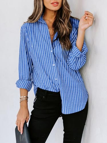 siliteelon Womens Button Down Shirts Cotton Striped Dress Shirt Long Sleeve Collared Office Work Blouses Tops2