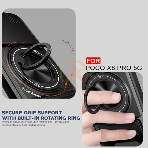 Image of Poco X8 Pro 5G Back Cover | Armor Camera Slider 360 Degree Rotating Finger Ring Holder Case with Bracket Stand Back Case Cover (Compatible with MagSafe Accessories) (Black)