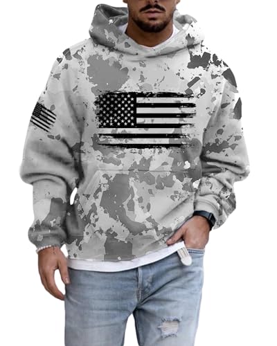 American Flag Camo Hoodie for Men USA Printed Long Sleeve Oversized Sweatshirt Pullover Lightweight Patriotic Hoodies