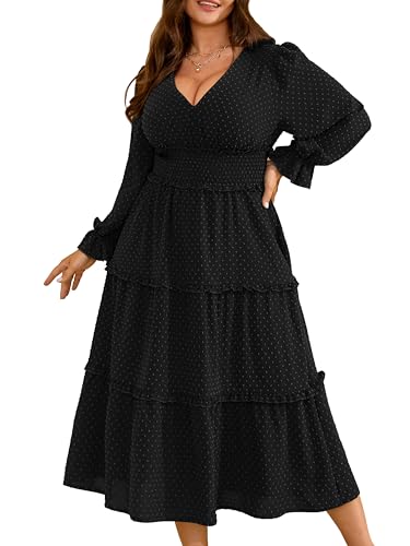 RWJ Womens Plus Size Long Sleeve Dress V Neck Swiss Dot Smocked Boho Fall Wedding Guest Maxi Dresses
