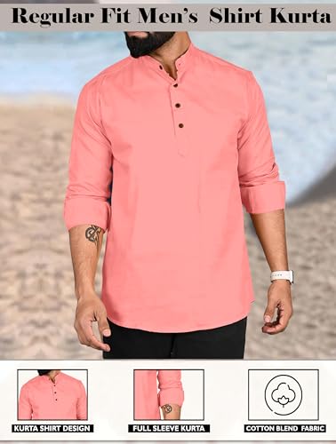 Image of ROYALSCOUT Men Cotton Blend Short Kurta with Mandarin Collar and Button Placket | Full Sleeve Regular Fit Ethnic Wear for Casual and Festive Use
