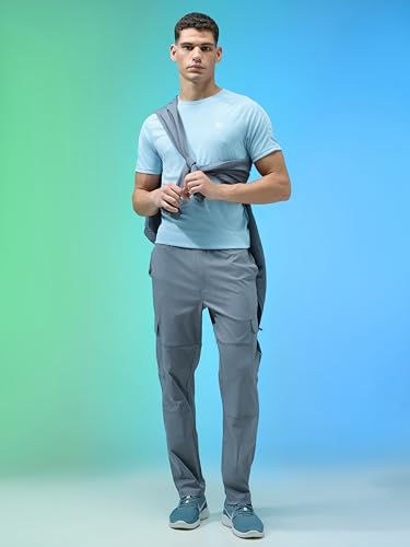 Image of TECHNOSPORT Men's Solid Straight Fit Cargo Pants TS Flexi 6 Pocket Polyester Quick Dry Elasticated Drawstring for Gym Travel Running Workout