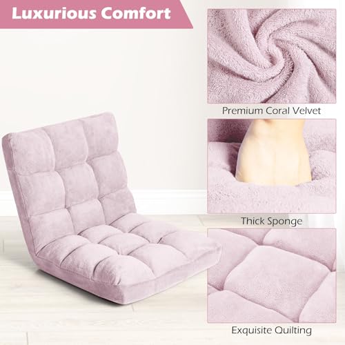 Image of COSTWAY Floor Chair, Video Gaming Chairs with Back Support, Adjustable 14-Position, Alloy Steel Frame, Soft Coral Fleece, Lazy Sofa Lounge for Reading Living Room Recliner for Adults Kids (Light Pink)