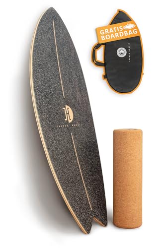 JUCKER HAWAII Surf Balanceboard Ocean Rocker Black | Balance Board mit einmaligem Rocker Shape | Balance Board aus Holz inkl. Korkrolle | Surf Balanceboard