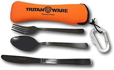 TRITANWARE Titanium Plated Stainless Steel Portable Utensil Set with Utensil Case, Carabiner/Bottle Opener Included- Medium Sized Food Grade Knife Fork Spoon Set (Black)