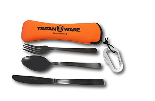Tritanware Titanium Plated Stainless Steel Portable Utensil Set With Utensil Case, Carabiner/Bottle Opener Included- Medium Sized Food Grade Knife Fork Spoon Set (Black) #TOP1