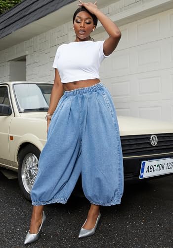 Tbahhir Women's Baggy Jeans Loose Cropped Elastic Waist Denim Pants Barrel Trousers with Pockets2