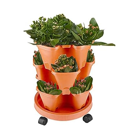 Tectsia Strawberry Vertical Planter Tower Garden, 3 Tiered Stackable Planter Herb Garden Planter with Movable Casters and Bottom Saucer Indoor and Outdoor - Terra Cotta Cover