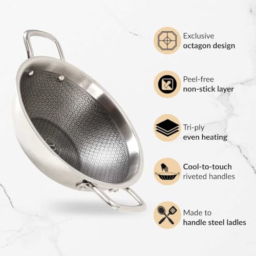 Image of Nestasia Triply Stainless Steel Honeycomb Kadai with Glass Lid 26 cm (3.5L) - Non Stick Kadhai with Air Vent Lid for Healthy Cooking | Induction & Gas Stove Friendly, Even Heating, Less Oil Use