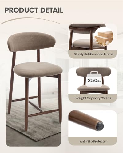 Image of Bar Stools Set of 3, 25.6″ Counter Height Bar Stools with Wood Legs, Upholstered Modern Kitchen Barstools for Kitchen Island Dining Room Bar, Camel