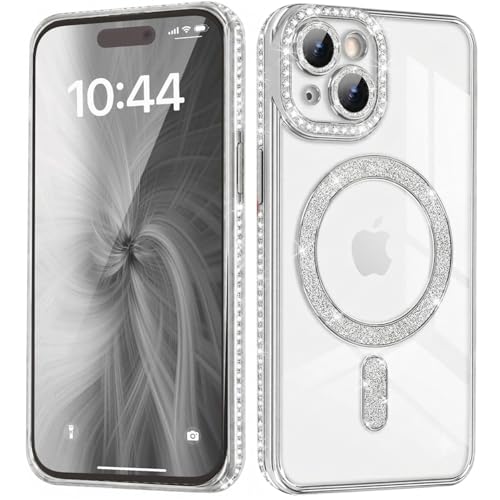 Image of DIZORO Compatible with (iPhone 15 Case) Clear Luxury Diamond Glitter Case |Camera Lens Protector with Glitter Ring | Premium Shockproof Glossy Shiny Back Cover Case for Girls Women -Silver