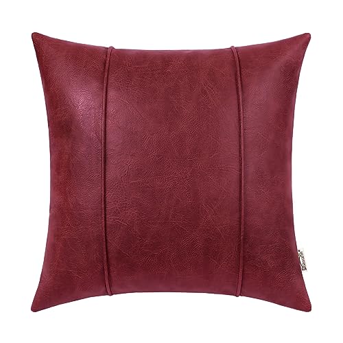 Image of BRAWARM Burgundy Leather Throw Pillow Covers 22 X 22 Inches - Faux Leather Pillow Cover with Piping, Hand Stitched Leather Throw Pillow for Couch Sofa Bed Living Room Home Decorative