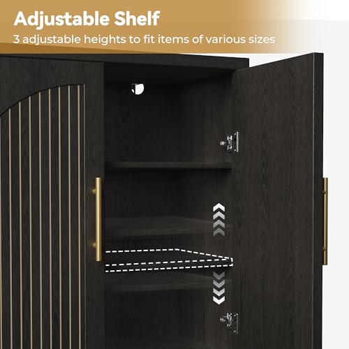 Image of 63 inch Buffet Cabinet, Fluted Sideboard Cabinet with Storage, Wood Black