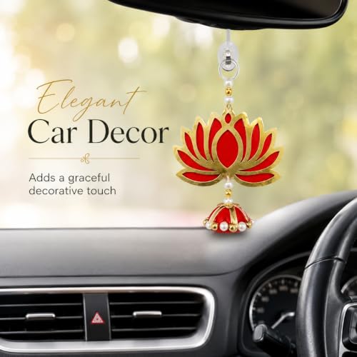 Image of Religious Door Hanging Decor with Pearl Beads & Tassel, Wooden Wall Hanging for Home Temple, Pooja Room, Entrance, Mandir Decoration & Spiritual Gift, Red Lotus
