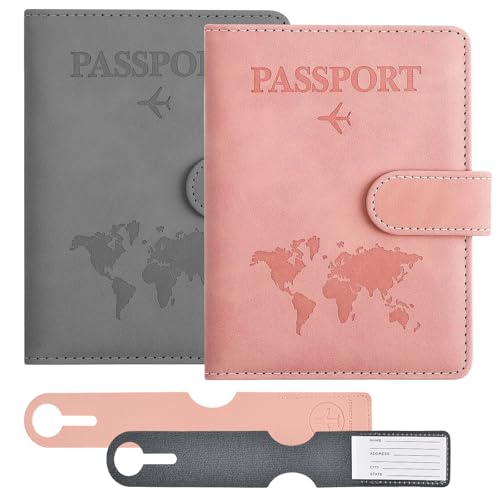 QINGZY 2 Piezas Funda Pasaporte, Porta Pasaporte de Cuero de PU con Bloqueo RFID, Organizador de Documentos de Viaje, Incluye Etiquetas de Equipaje, para Tarjetas de Crédito y Tarjetas de Embarque