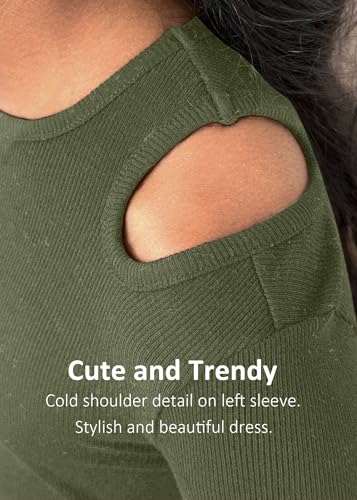Girls Long Sleeve Ribbed Knit Bodycon Dress Crew Neck Knee Length One Cold Shoulder Fall Dress 3-12 Years2