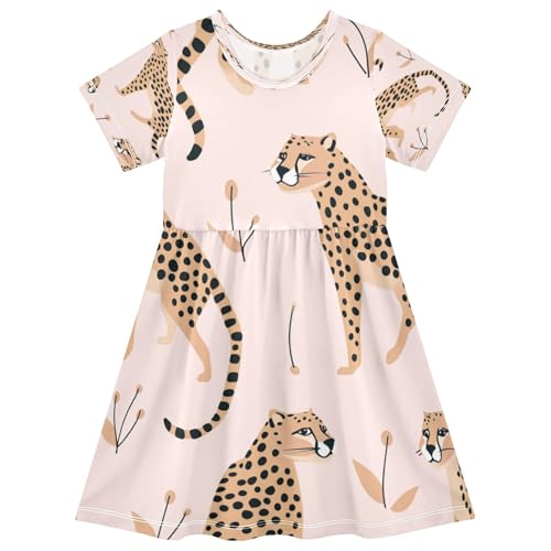 Bolaz Cheetah Leopard Girls Dress Short Sleeve Dress Casual Dresses 2-8Y