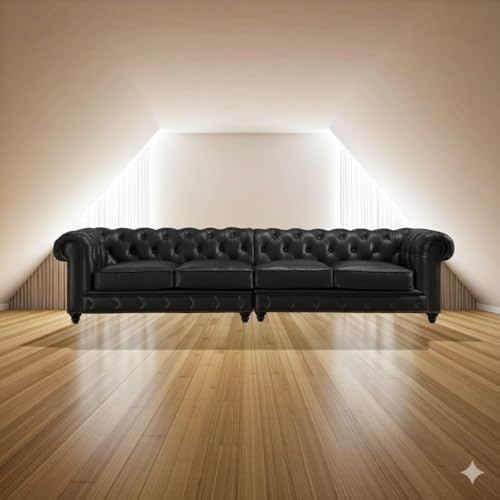 Image of Classic Leatherette Chester Sofa Set Button Tufted, Classic Style Sofa Set 3-Person Sofa for Living Room, Office, and Hallway Colour (Black Leatherette, 4 Seater Sofa)