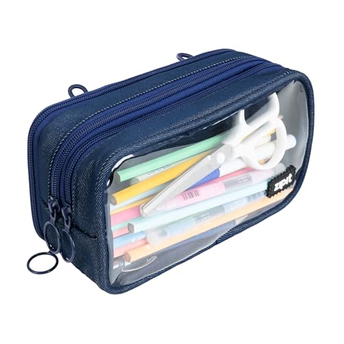 Image of ZIPIT Half & Half Pencil Case, 3 Compartment Zipper Pouch for School, Stationery Bag for Teen Girls Boys and Adults, Denim