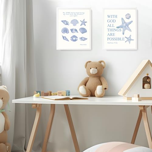 Image of LARTSFRO Beach Ocean Blue Christian Bible Wall Art Decor Posters, Coquette Shells Christian Room Bathroom Bedroom Dorm Wall Art Decor Aesthetic for College Teen Girls Gifts, Inspirational Bible Verses Wall Decor, 10x8 Inch Set of 4 Pcs Summer Beach Pictures (UNFRAMED)
