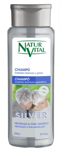 Champú Silver NaturVital | Neutraliza y Matiza cabellos Blancos y Grises | con Pigmento Azul - 250 Ml