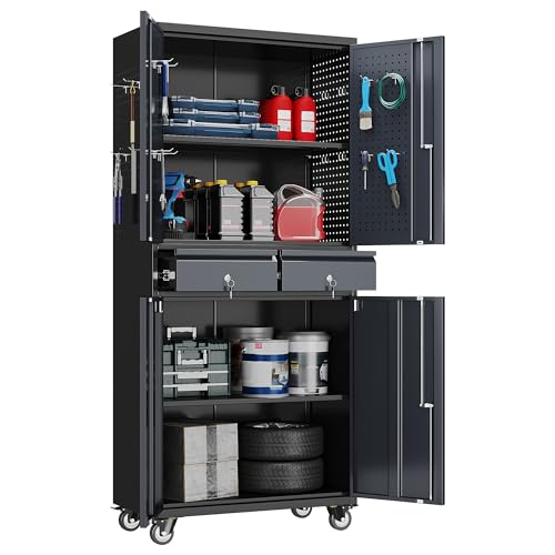 Image of GangMei Metal Garage Storage Cabinet with 2 Drawers and 2 Adjustable Shelves, Rolling Tool Storage Cabinet with Wheels and Locking Doors for Garage, Warehouse, Black and Dark Gray